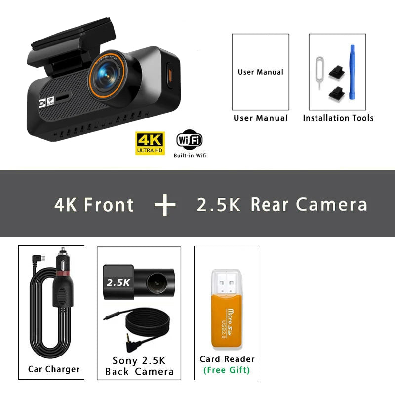 4K 2160P+2.5K 1440P ADAS Dual Lens Car Dash Cam WiFi Connect Front And Rear View Black Box 24H Parking Assistance for Vehicle