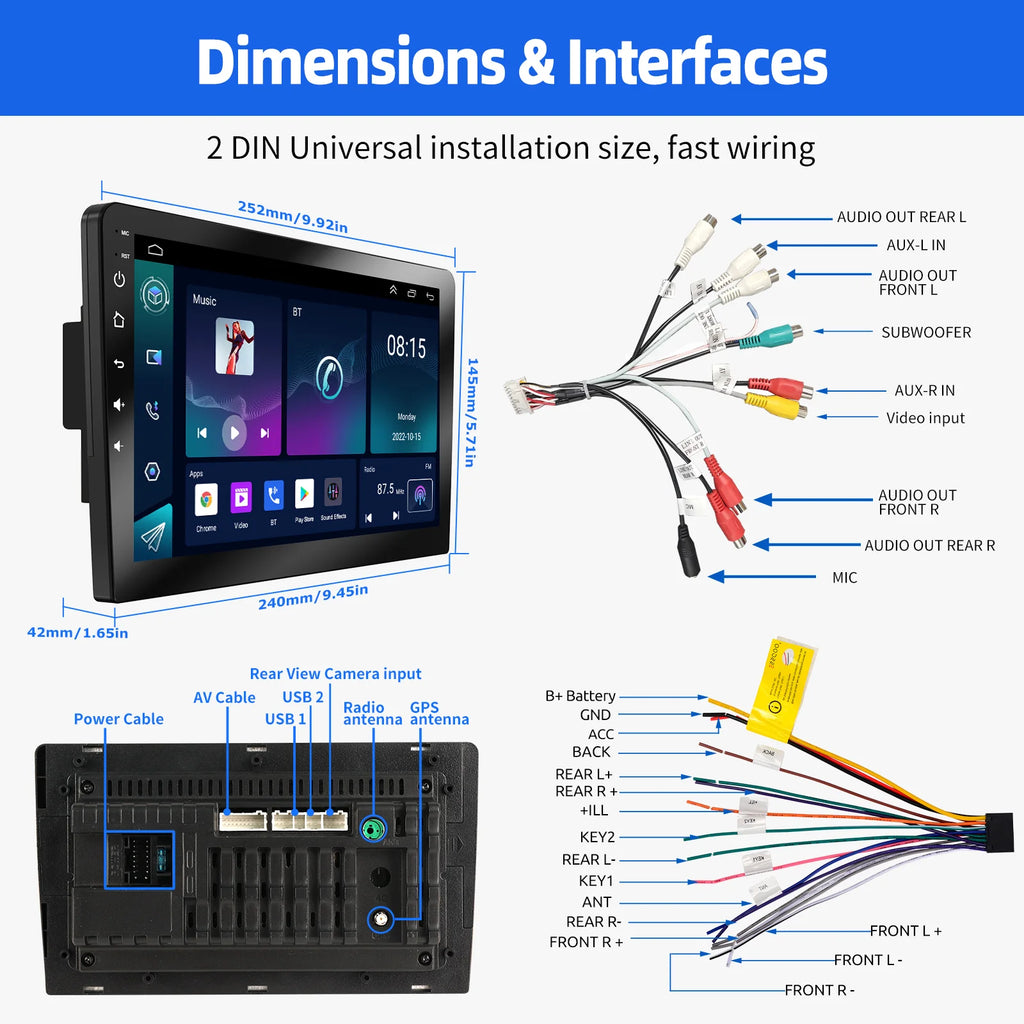 ESSGOO 10.1" Android 14 Carplay Car GPS Radio Stereo Double 2Din Head Unit FM SWC Bluetooth 4+64GB IPS Split Touch Screen WiFi CM World