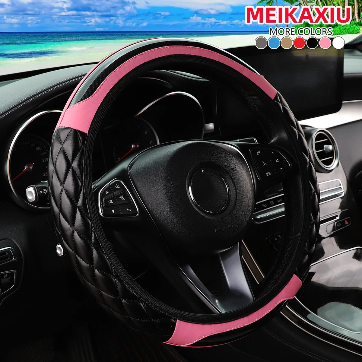 PU Soft Leather Crystal Carbon Fiber Embroidered Car Rimless Steering Wheel Cover for 14.5 - 15 Inch Car Interiors