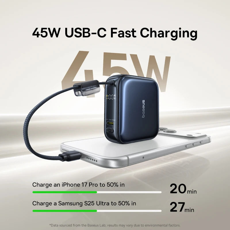 Baseus 45W Mini Power Bank 10000mAh Built-In USB-C Cable Pocket-Sized Smaller Fast Charging Portable For iPhone 17 Samsung S25 Car Mobile World