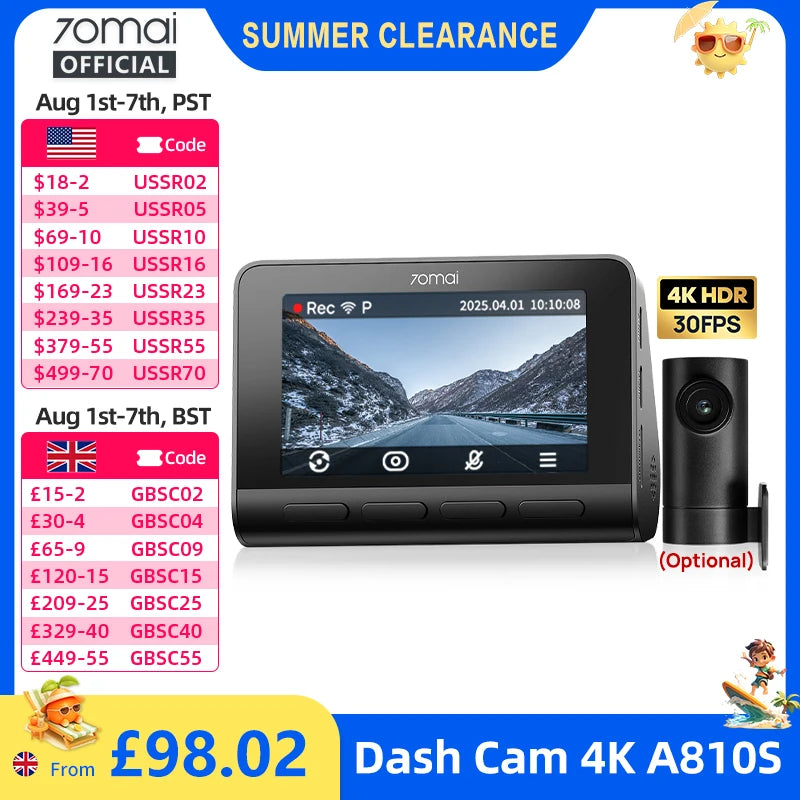 70mai Dash Cam 4K A810S HDR IMX678 Supercapacitor 4G LTE Remote Control Wi-Fi 6 Voice Control GPS ADAS Car Camera 70mai A810S Car Mobile World