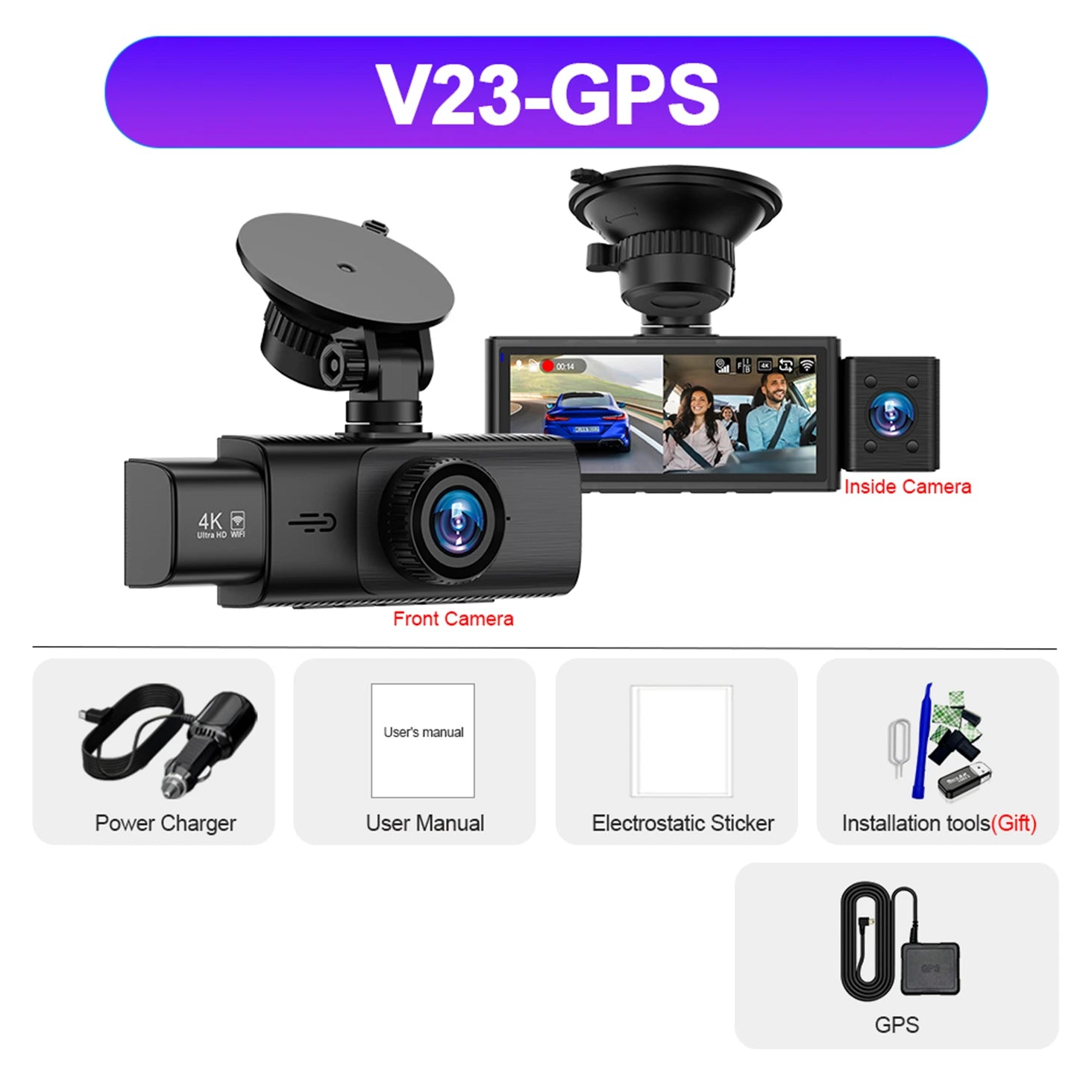 3 Channel WiFi 4K Dash Cam Front and Inside DashCam 1080P Rear Camera Night Vision 24H Parking Car DVR Black Box Support GPS Car Mobile World