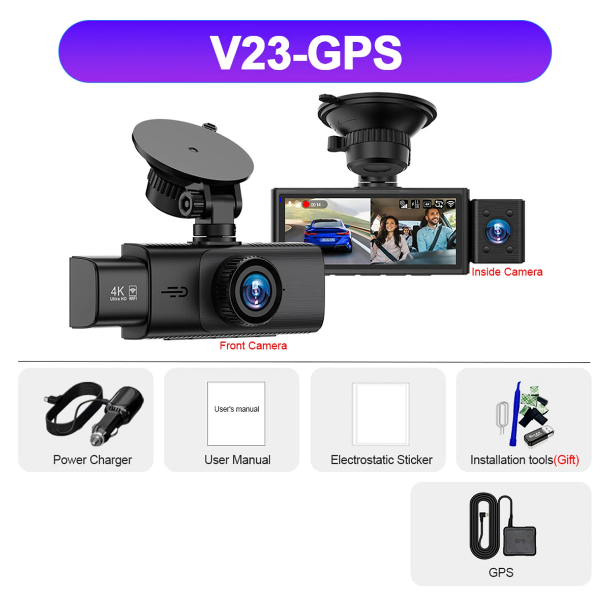 3 Channel WiFi 4K Dash Cam Front and Inside DashCam 1080P Rear Camera Night Vision 24H Parking Car DVR Black Box Support GPS