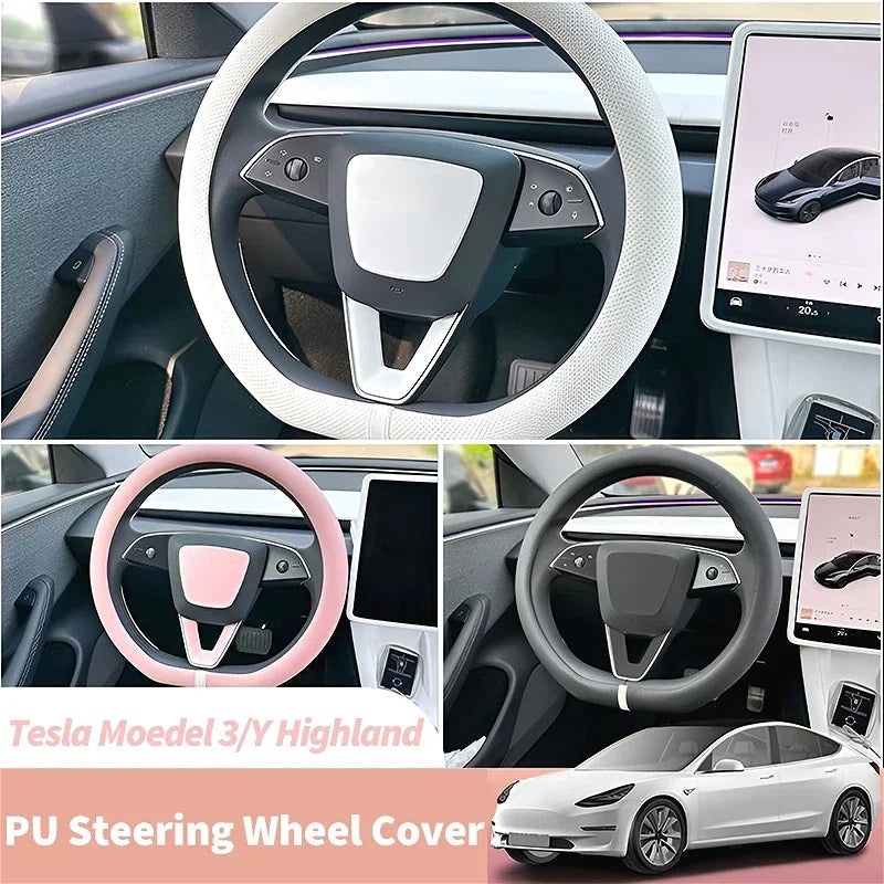 PU Leather Steering Wheel Cover for Tesla Model 3 Y highland Anti Slip Steering Replacement Protect Cover Interior Accessories CM World