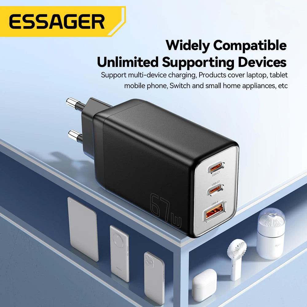 Essager 67W GaN USB-C Charger PD 3.0 QC 3.0 Fast Charge for iPhone 16 15 Pro Max Xiaomi Samsung Huawei Mate 70  Laptops Chargers Car Mobile World