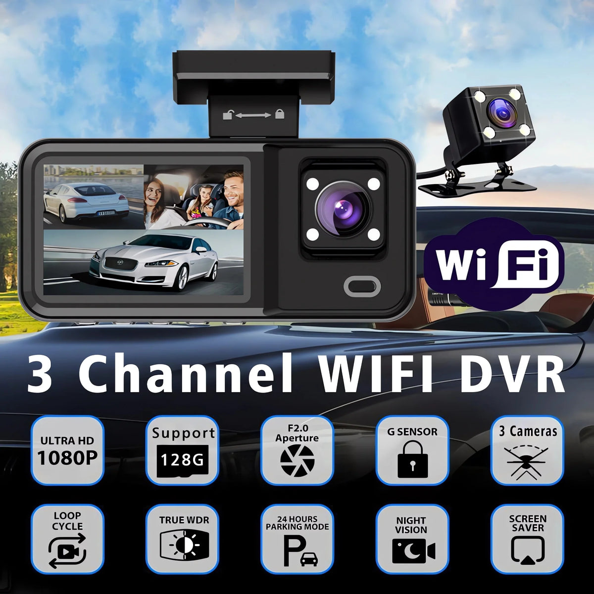 3 Channel Dash Cam for Car 1080P Video Recorder WIFI APP Dashcam Car DVR Front and Rear View Camera Night Vision car accessory