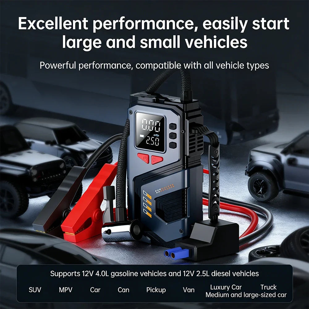 Portable Jump Starter With Air Compressor For 12V Petrol Diesel Car 150 PSI Car Tires Air Pump with LED Lights & Pressure Gauge