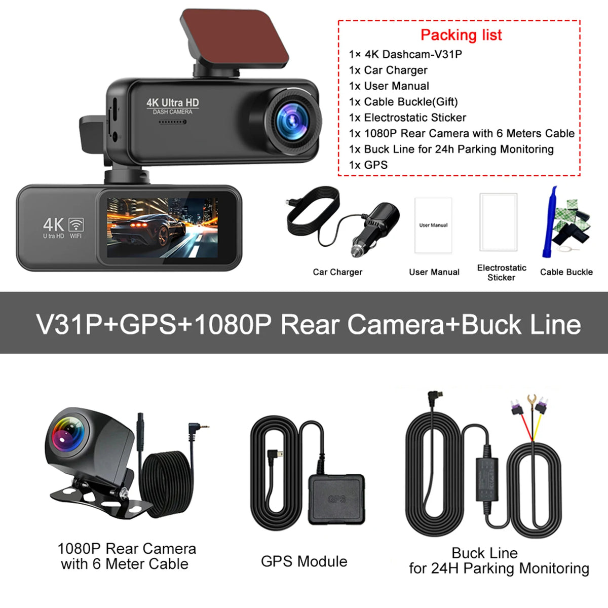 Kocam 4K Dash Cam Front and Rear Dual Channels Dashcam With 24H Parking Monitoring Night Vision DVR Recorder Black Box For Car
