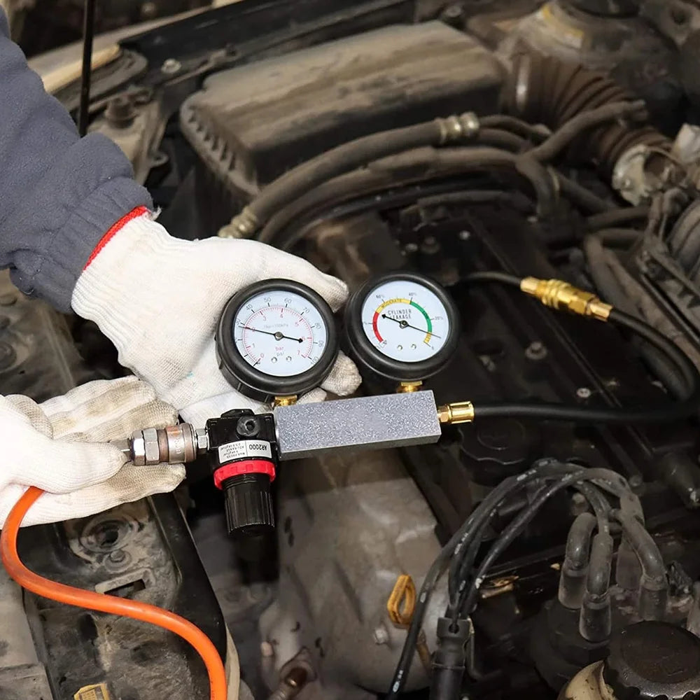Cylinder Leak Down Tester Kit, Engine Cylinder Leakage Detector Dual Pressure Gauges 0‑40PSI, Compression Leak Test Tool for Car Truck Petrol Engine, with Quick Connect Fittings for Piston Ring, Valve, Head Gasket
