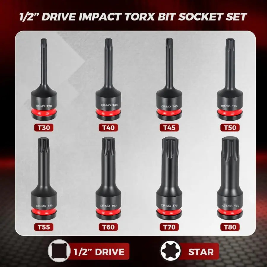 1/2" Drive Impact Torx Bit Socket Set T30 T40 T45 T50 T55 T60 T70 T80 CR-MO Steel Anti-Corrosion Heavy Duty Star Socket Wrench K
