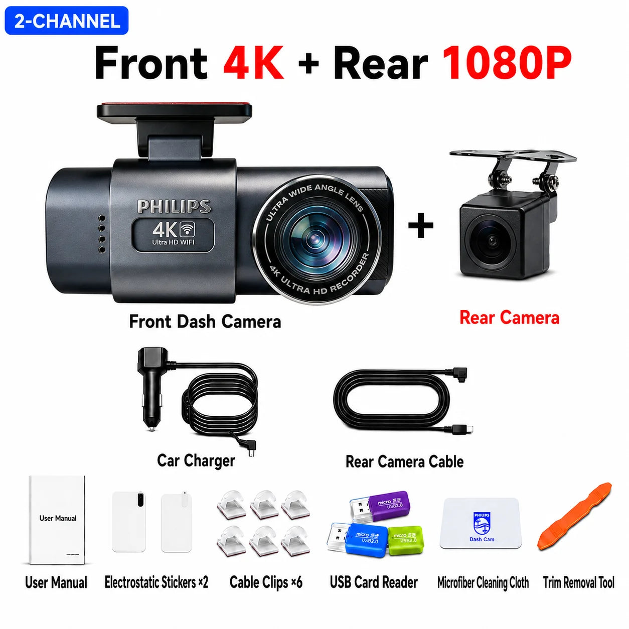 PHILIPS Dash Cam B01 4K+1K HDR Front and Rear Dual Camera 2.4GHz & 5GHz WiFi GPS 24H Parking Monitor Car DVR Video Recorder Car Mobile World