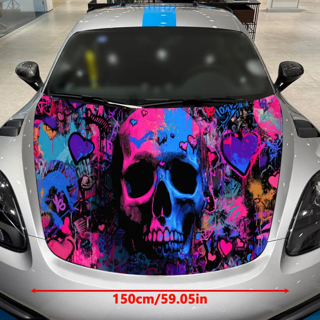 Colorful Graffiti Skull Car Vinyl Wrap, PVC Material Waterproof Car Hood Sticker, Self-Adhesive Scratch-Resistant Stickers for E