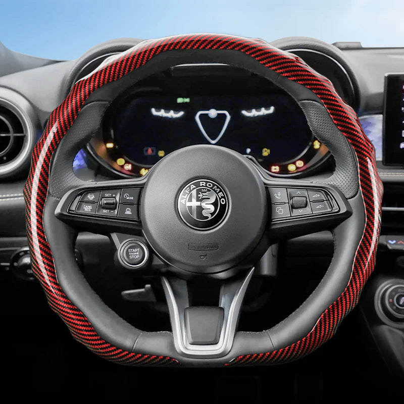 Suitable for Alfa Romeo Carbon Fiber Texture Steering Wheel Cover Snap-On Wave-Shaped Sports Design Protective Case Giulia 952 Stelvio 949 147 Mito Giulietta Tonale 965 Sprint 159 Quadrifoglio Black CM World