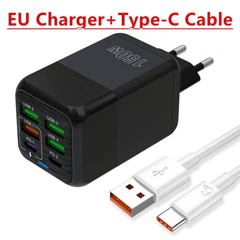 150W 6 Ports Pd QC 4.0 Usb C Fast Charger Wall Adapter Super Fast Charging For Iphone Samsung Ipad Xiaomi Huawei Oneplus Oppo Car Mobile World