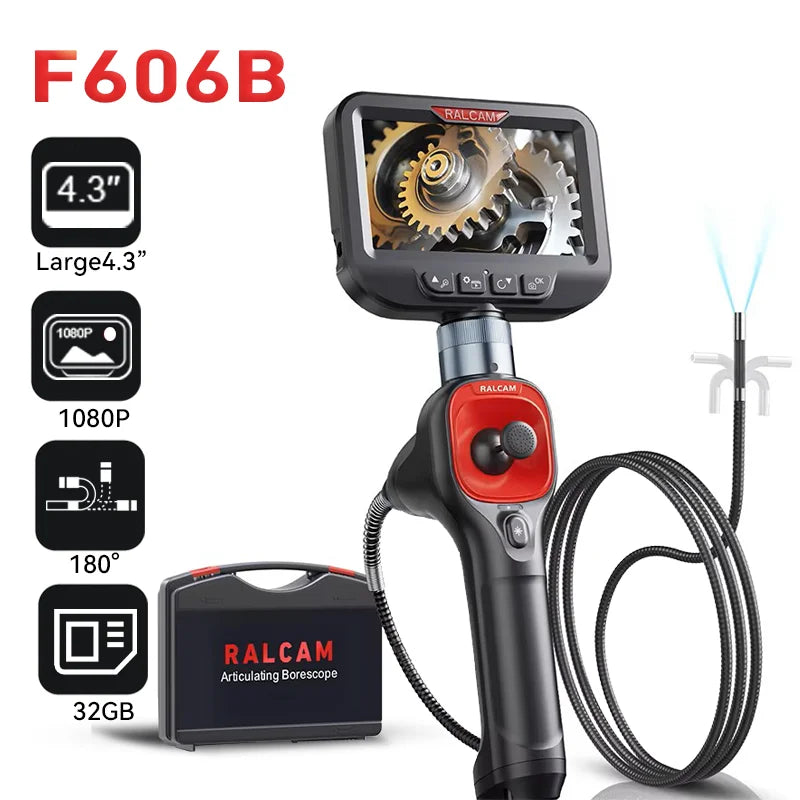 Ralcam 360° Articulating Borescope 4.3 Inch Endoscope 1080P 6.2mm Full HD Endoscope Camera with 6 LED for Industrial Inspection