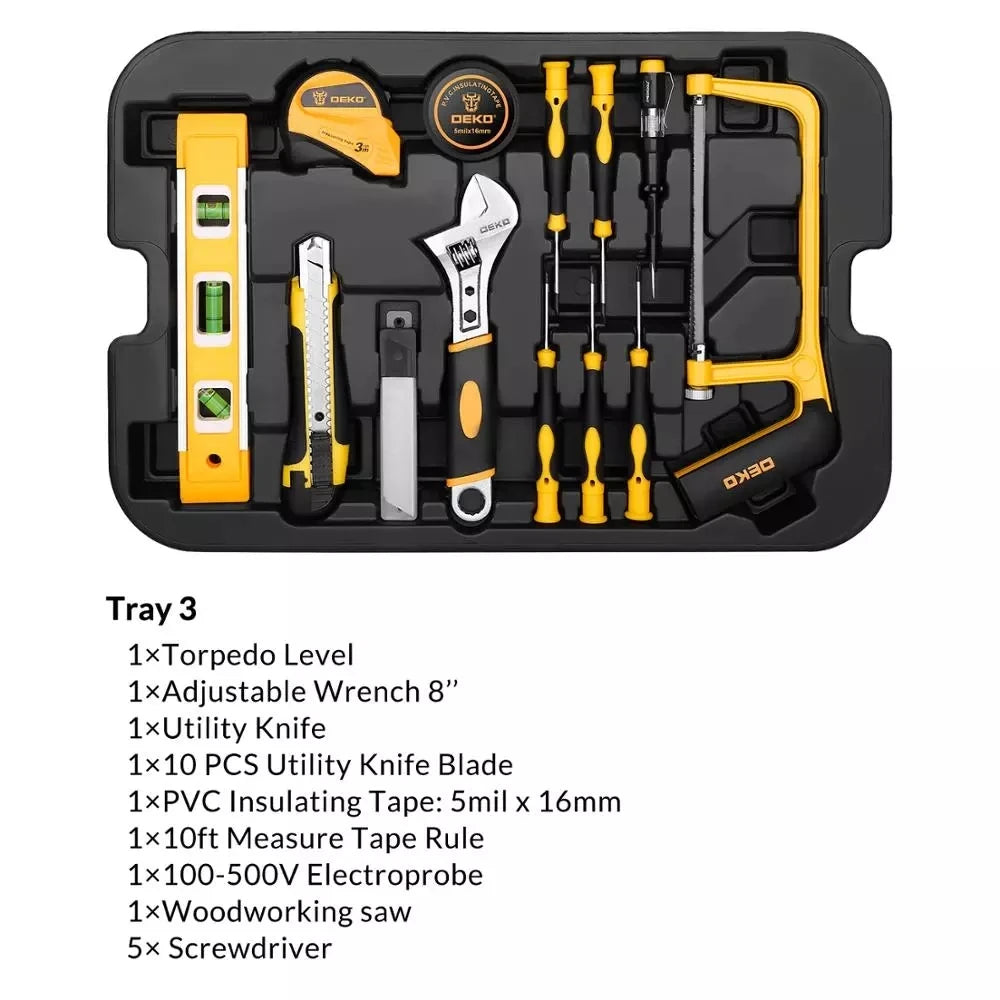 DEKO 258pcs Home DIY Hand Tool Set Professional Hand Tool Luggage Three-layer Rolling Portable Storage Box CM World