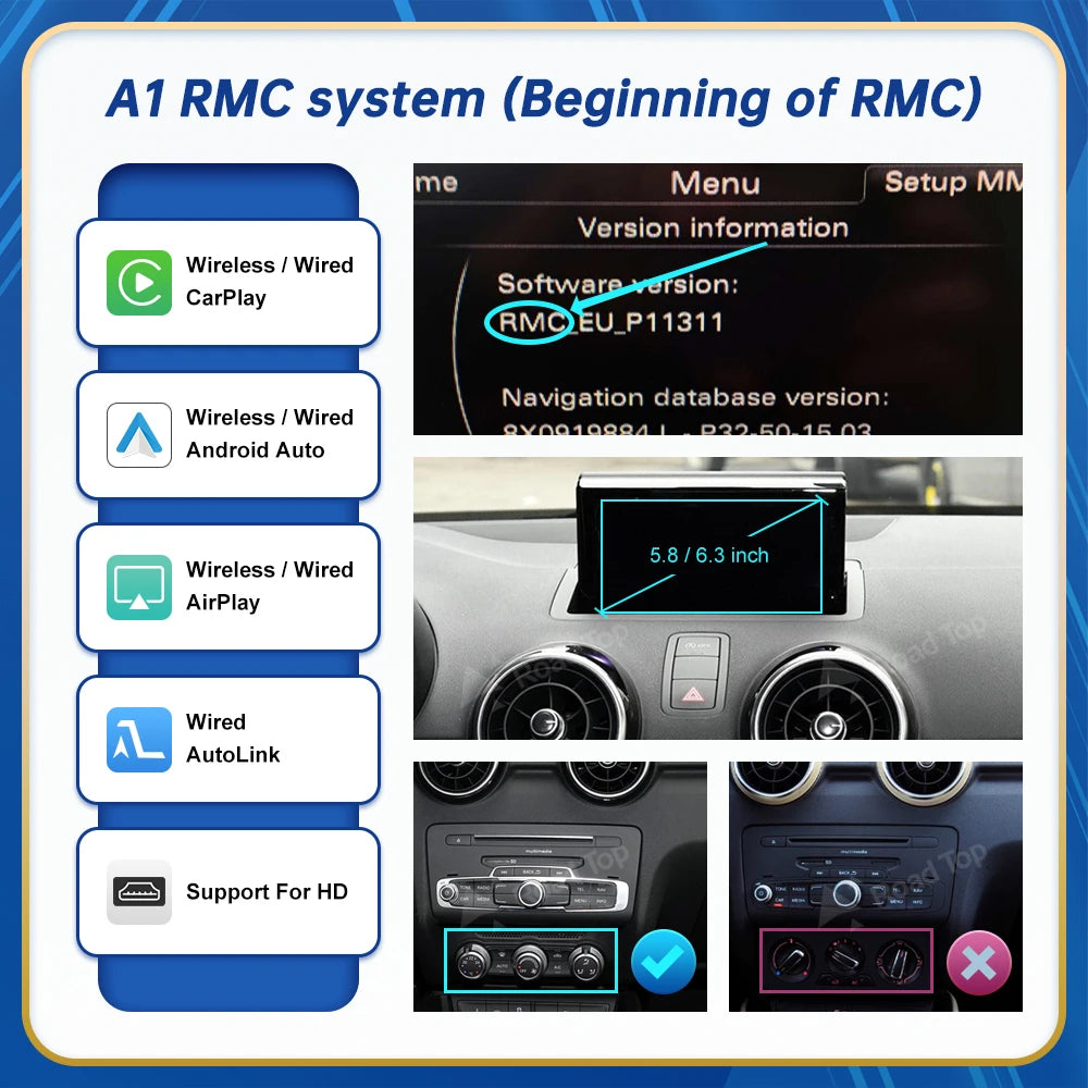 Road Top Wireless Android Auto For Audi Car A1 AT Q3 3G MMI RMC 2013-2018 Carplay Interface Mirror Link Air Play CM World
