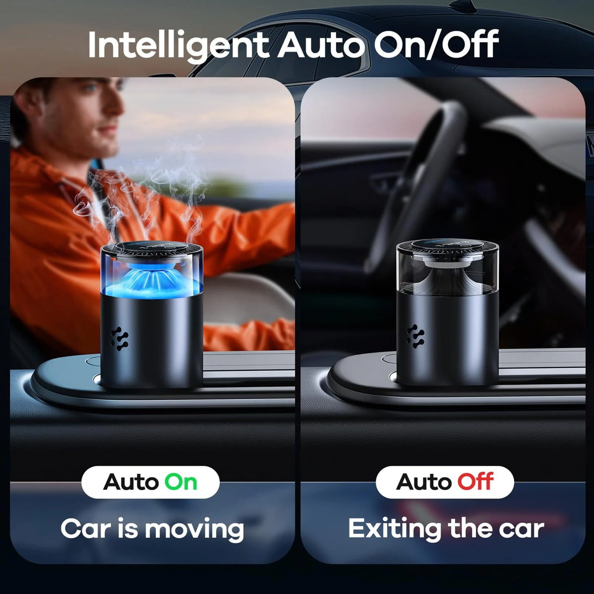 Smart Car Air Freshener, Automatic Car Air Freshener Diffuser with Ambient Light, Car Diffuser with 2 Essential Oil Cartridges,