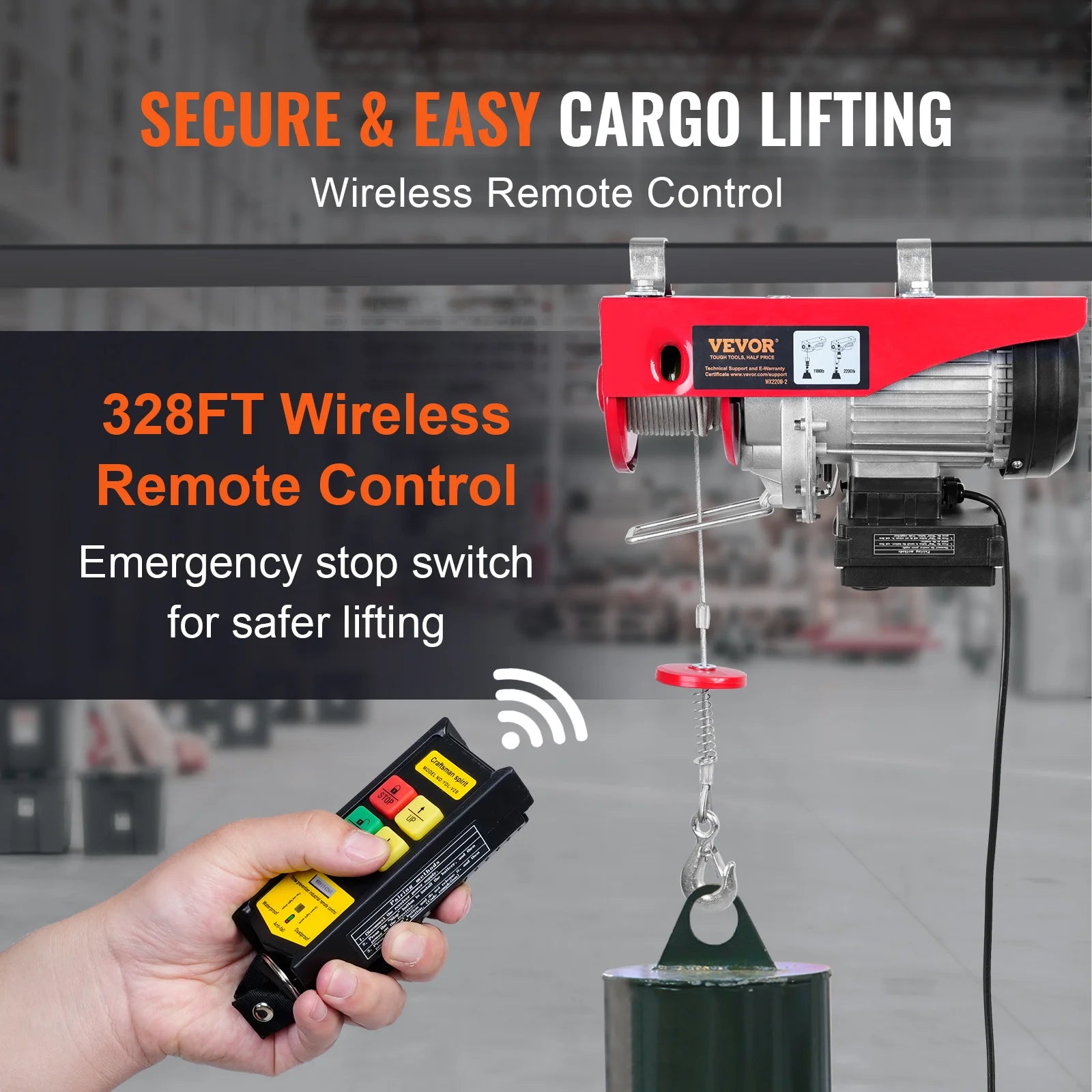 SucceBuy 1320-2200 lbs Wireless Electric Hoist with 40ft Single Cable Lifting Height Steel Wire Winch Garage Warehouse Factory CM World