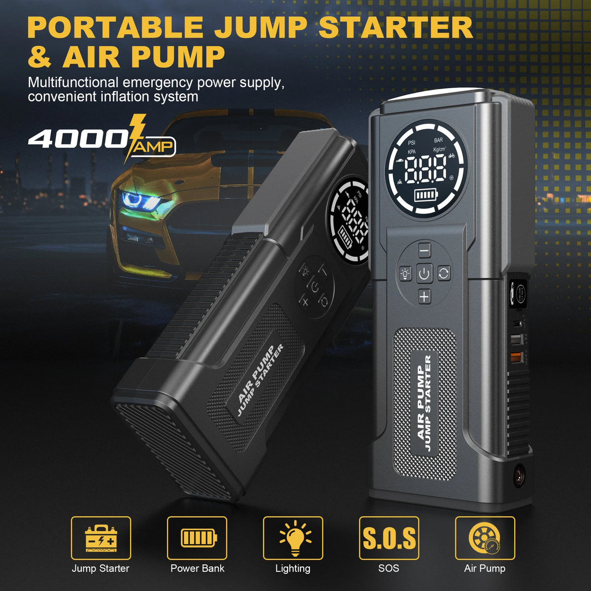 Large Capacity Car Jump Starter Power Bank Portable 150PSI Air Pump Car Battery Emergency Boosters Starting Device Car Starter