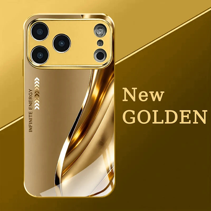 Luxury Metal Curve Pattern Gold Metallic Paint Glass Phone Case For iPhone 17 Pro Max 11 12 13 14 15 16 Plus 17Air 16E Cover