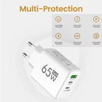 GAN Fast Charging 65W USB European plug qc3.0 EU KR PD Fast charging head is suitable for Xiaomi Huawei Samsung mobile phone cha Car Mobile World