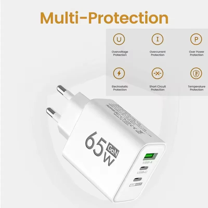 GAN Fast Charging 65W USB European plug qc3.0 EU KR PD Fast charging head is suitable for Xiaomi Huawei Samsung mobile phone cha Car Mobile World