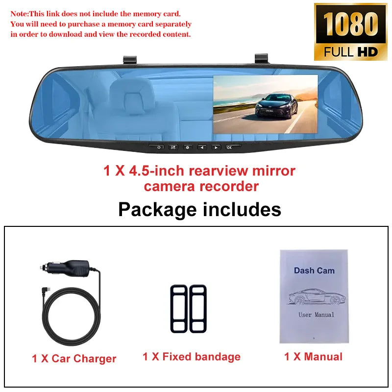 4.5 Inch Mirror Screen Car Dash Cam 1080P Front & Optional Rear Camera Dual Channel DVR Recorder with Auto Mode