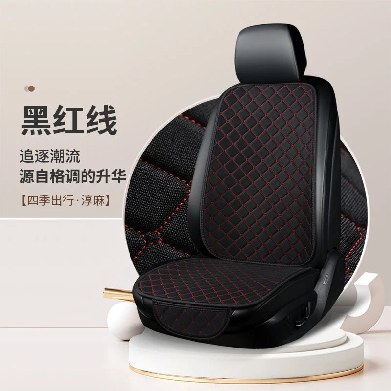 Universal Car Seat Cushion with Backrest Beige Linen Diamond Quilted Four Seasons Breathable Non-slip Auto Seat Cover Protector