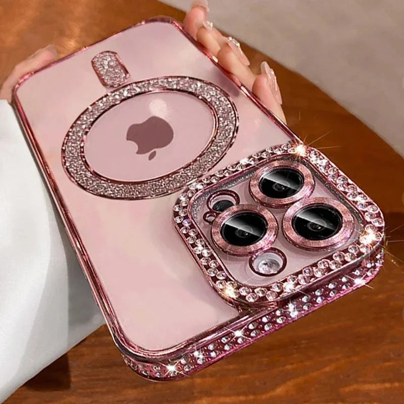 New Fashion Glitter Diamond Transparent Case For iPhone 17 16 15 14 13 11 12 Pro Max Funda Magnetic Wireless Charge Bumper Cover