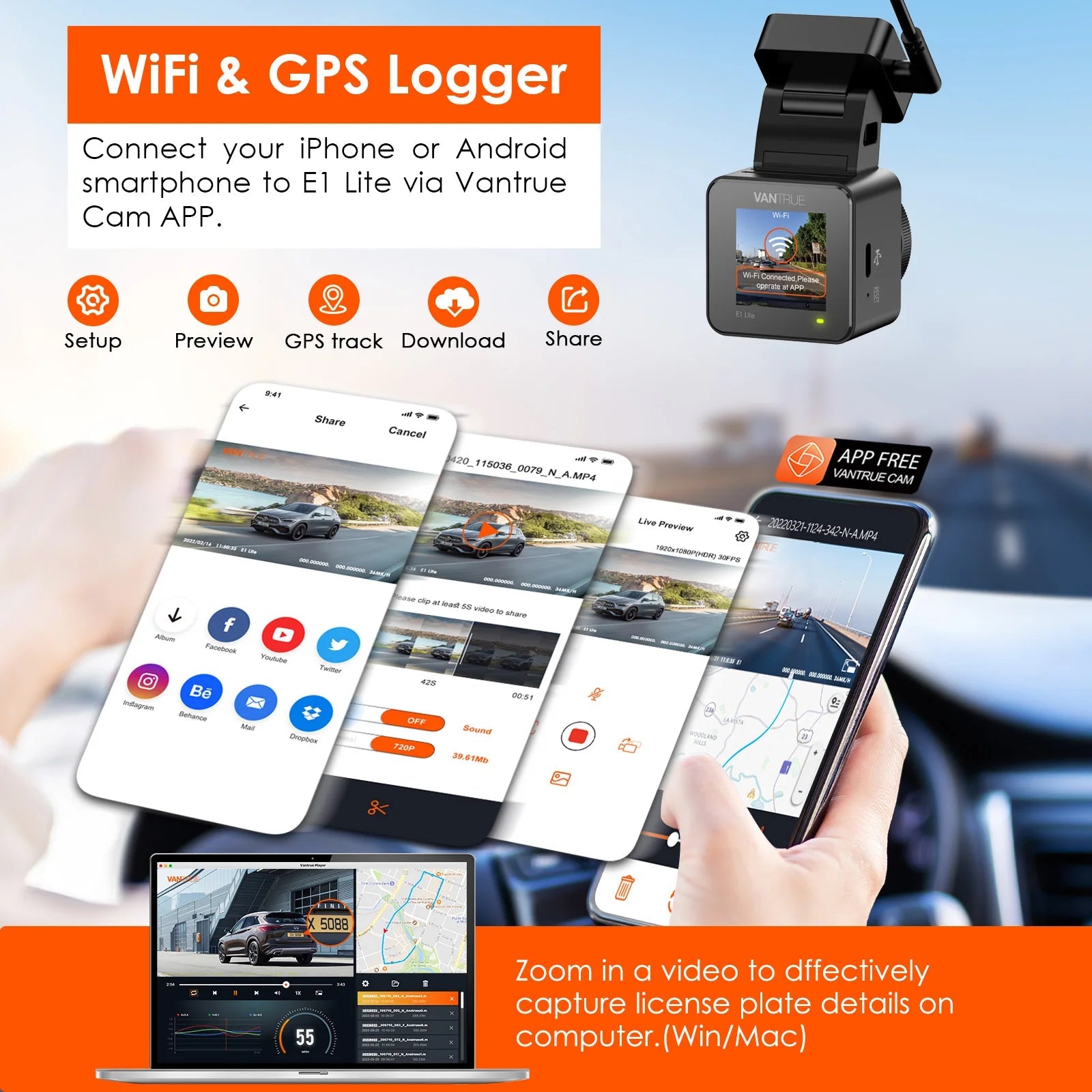 Vantrue E1 Lite Mini Dashcam 1080P WiFi Dash Camera with Free App Voice Control 24H Parking Mode Support 512GB Max Car Mobile World
