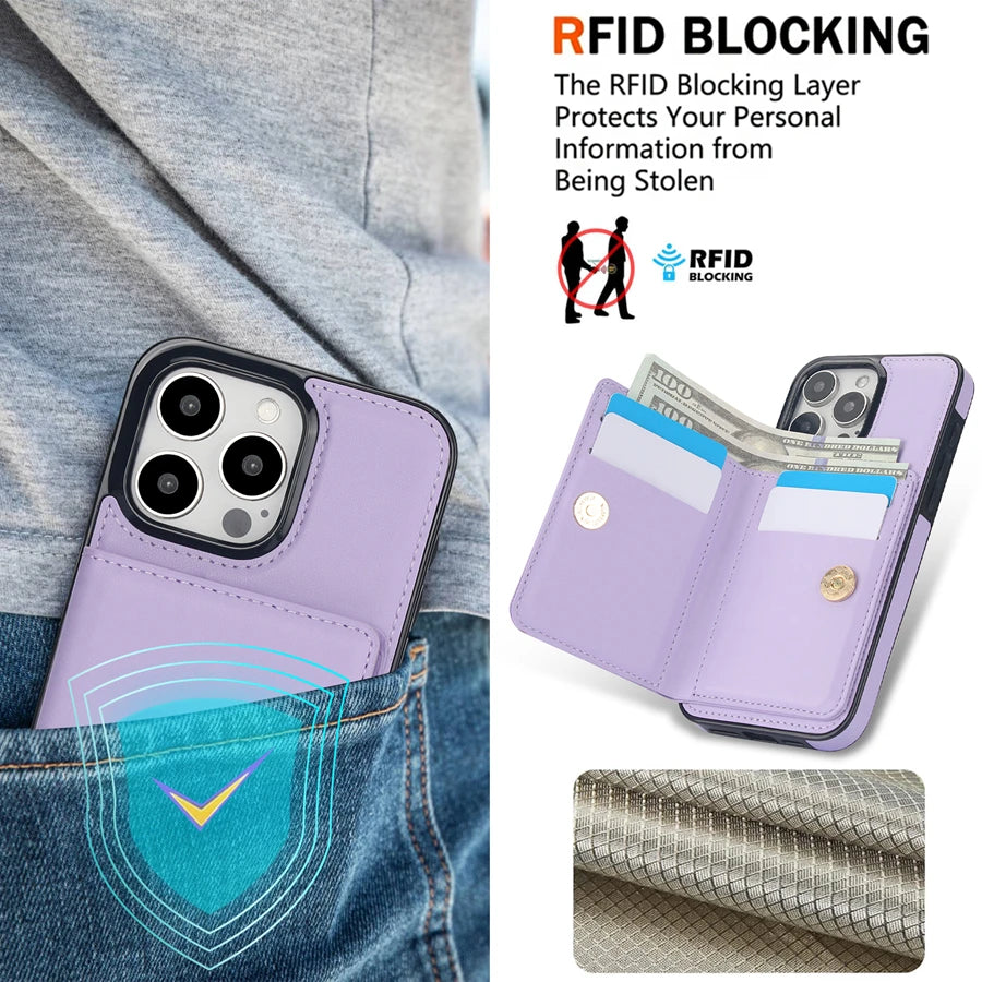 Wallet Card Slot RFID Blocking Kickstand Magnetic 360° Flip Leather Case For iPhone 17 Pro Max Air 16e 15 Plus 14 13 12 11 XR 8