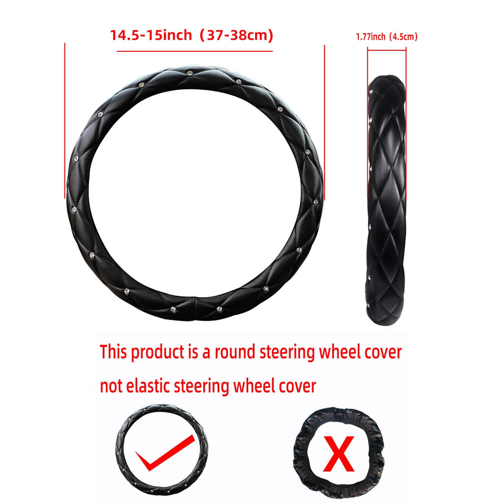 Soft leather embroidered stereo diamond-studded car steering wheel cover with inner ring fits 14.5-15 inches CM World