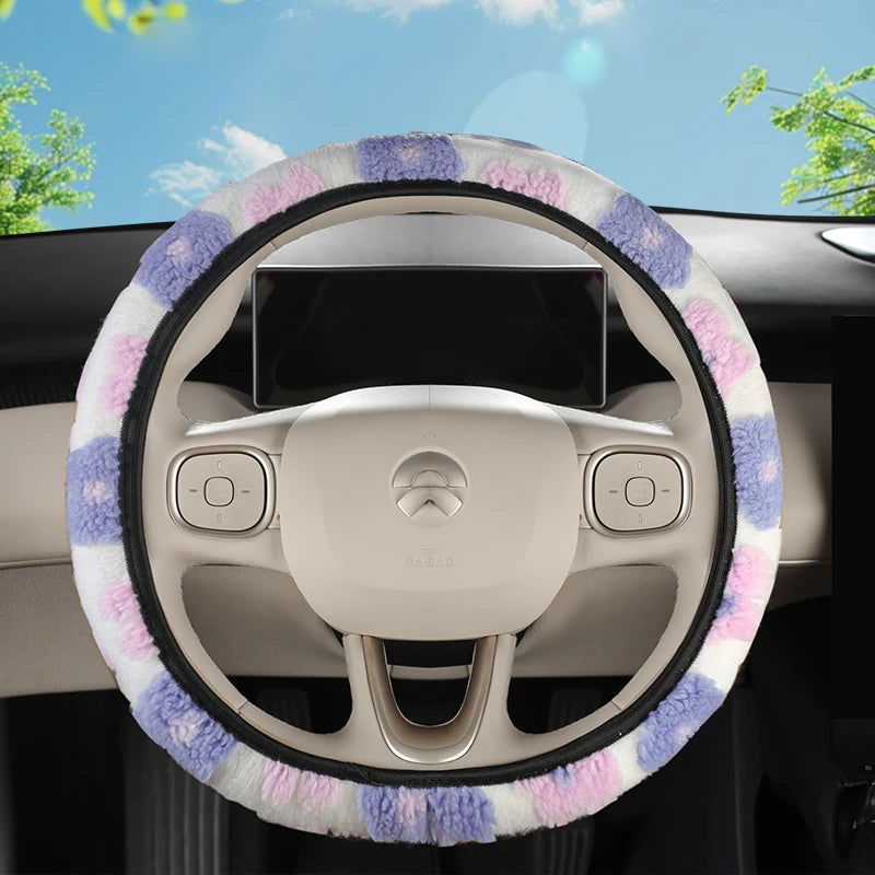 Flower Shaped Car Steering Wheel Cover with Plush Three-Dimensional Pattern Elastic and Elastic Protective Cover for Women's Car
