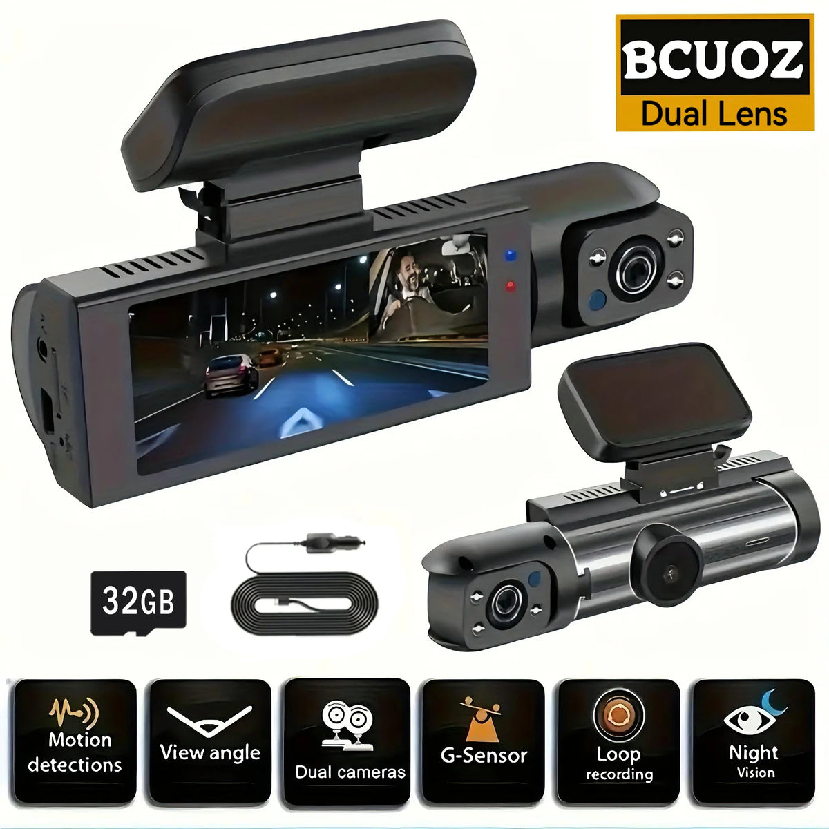 BCUOZ Dual-Lens Dashcam 1080P Front Camera And 720P Built-In Car Cameras Super Night Vision Loop Recording G-Sensor WDR 12-24V Car Plug Power Supply Optional 32GB Memory Card
