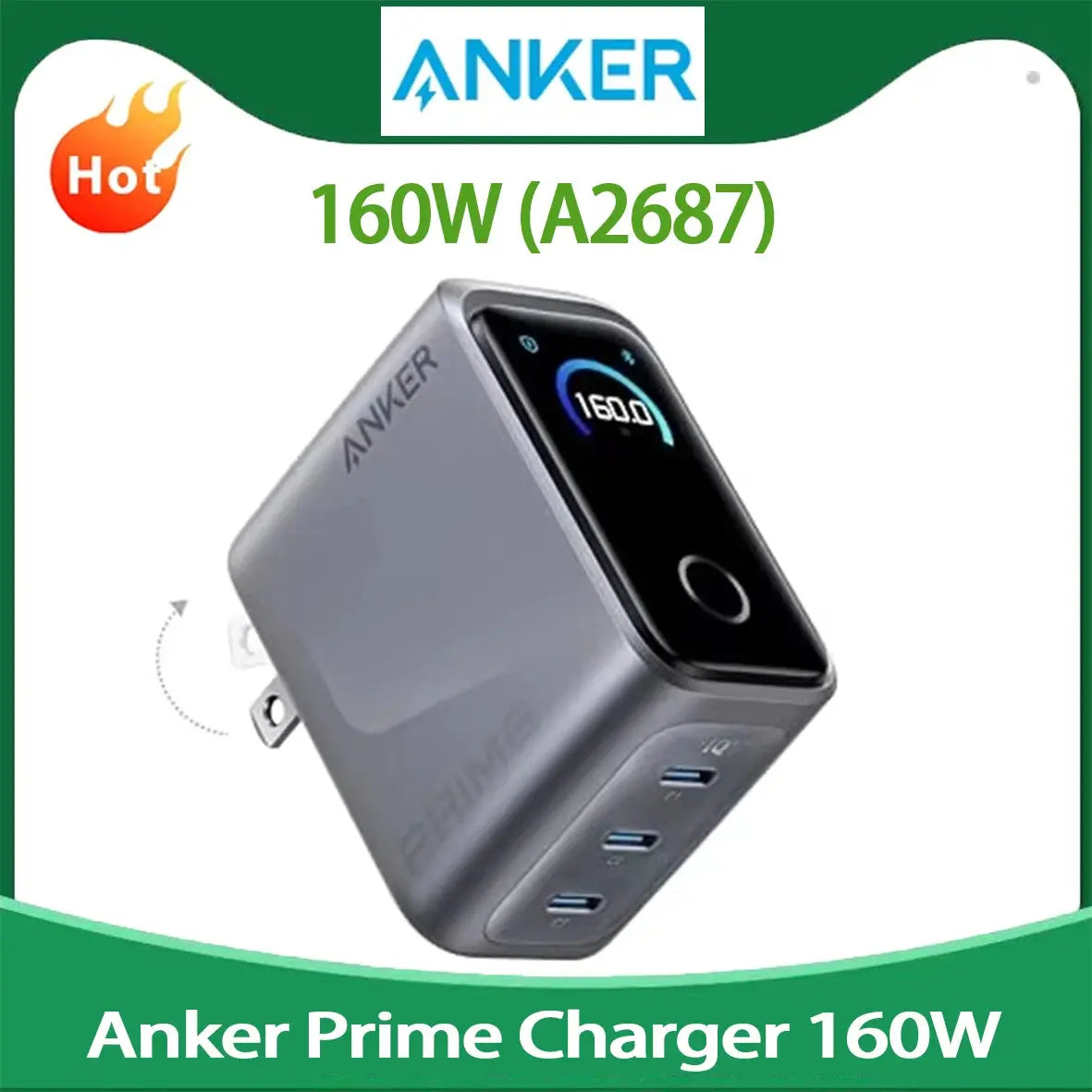 New Arrival Anker Prime 160W 3-Port GaN USB-C Charger Smart Touch Display Fast Charging Block Max 140W Power For Laptop Phone Car Mobile World