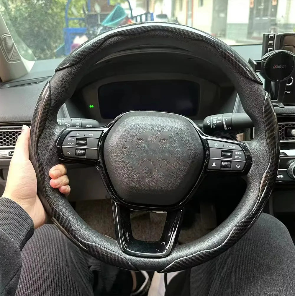 3PCS Laser Carbon Fiber Silicone Car Steering Wheel Cover 1K Micro Fiber Leather PVC Wheel Booster Cover Non-Slip Universal CM World