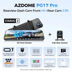 AZDOME PG17 Pro 4K+2.5K Rearview Dash Cam 12" Touch Screen HDR Rear View Mirror Camera w/ STARVIS 2 5G WiFi Stream Media Car DVR