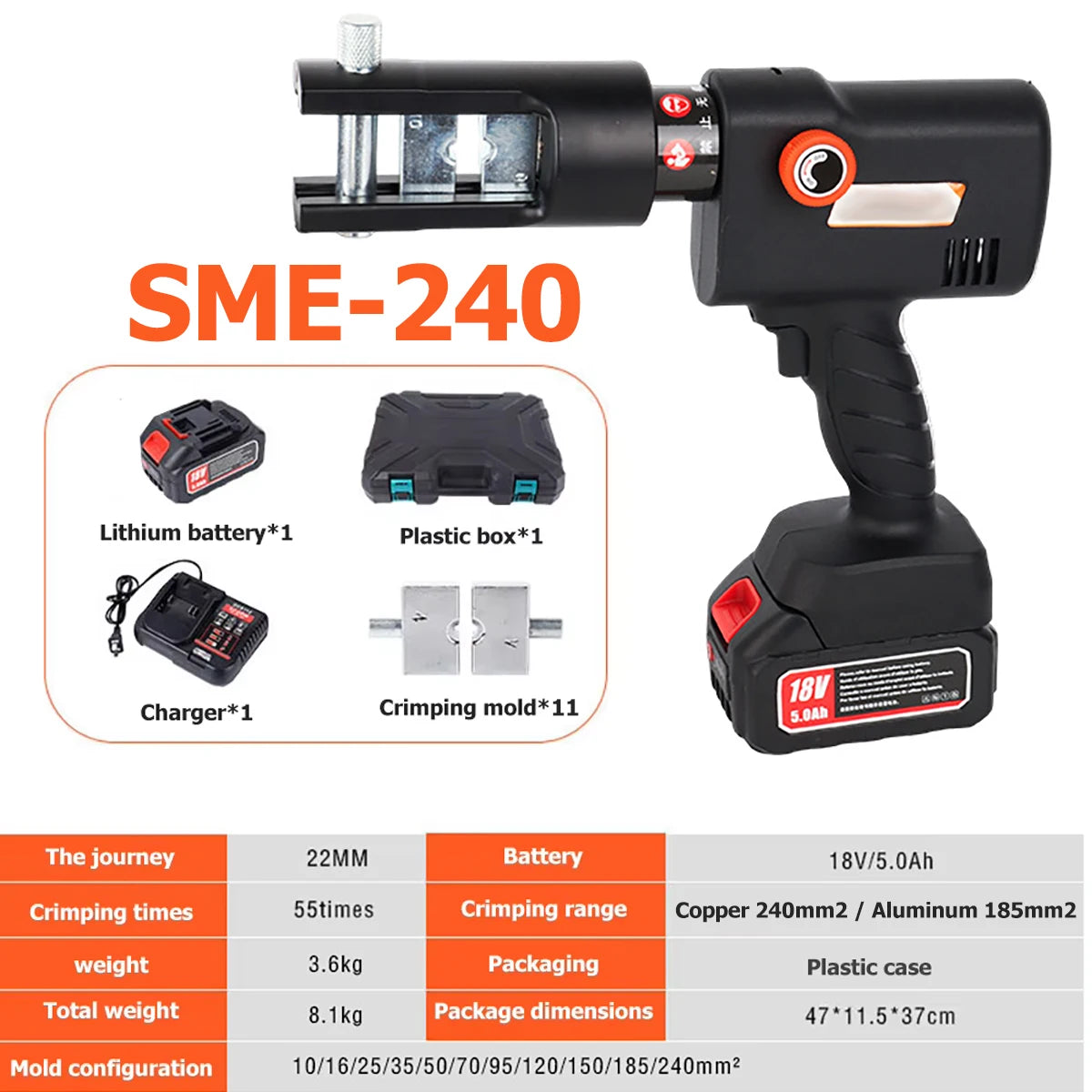 Protable Hydraulic Electric Crimping Tool with 8 Dies Rechargeable Lithium Battery Crimping Pliers 4-70mm² Electric Crimp Plier CM World