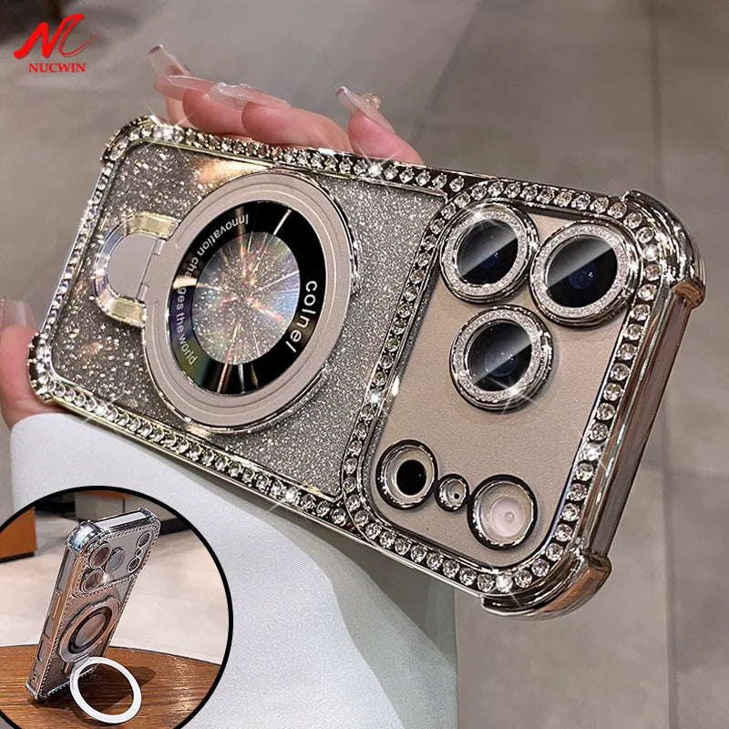 for Magsafe Bracket Case for iPhone 17 16 15 14 13 Pro Max Stand Holder Luxury Girl's Bling Diamond Bumper Camera Soft TPU Cover