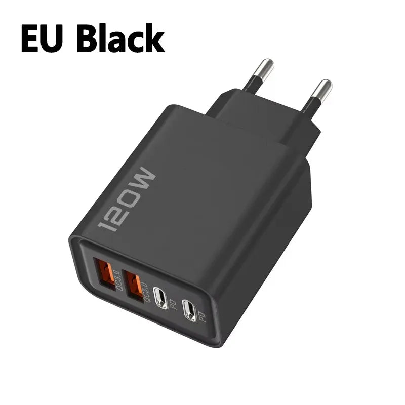 4 Ports 120W Charger USB C PD Quick Charge 3.0 Type C USB Phone Chargers Fast Charging Adapter For iPhone Samsung Xiaomi Huawei Car Mobile World