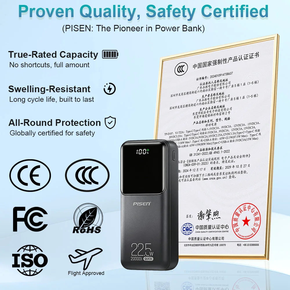 PISEN 20000mAh PD 20W Quick Power Bank SCP 22.5W Portable CCC Powerbank Fast Charging External Battery For Huawei iPhone Xiaomi Car Mobile World