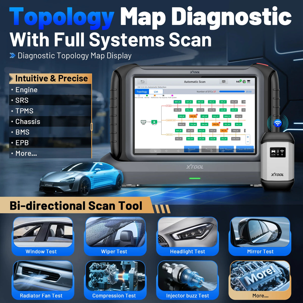 XTOOL IP919PRO Car Diagnostic Tools Bluetooth Wireless ECU Coding Topology Map Bi-Directional OBD Automotive Scan Tool 51+ Reset