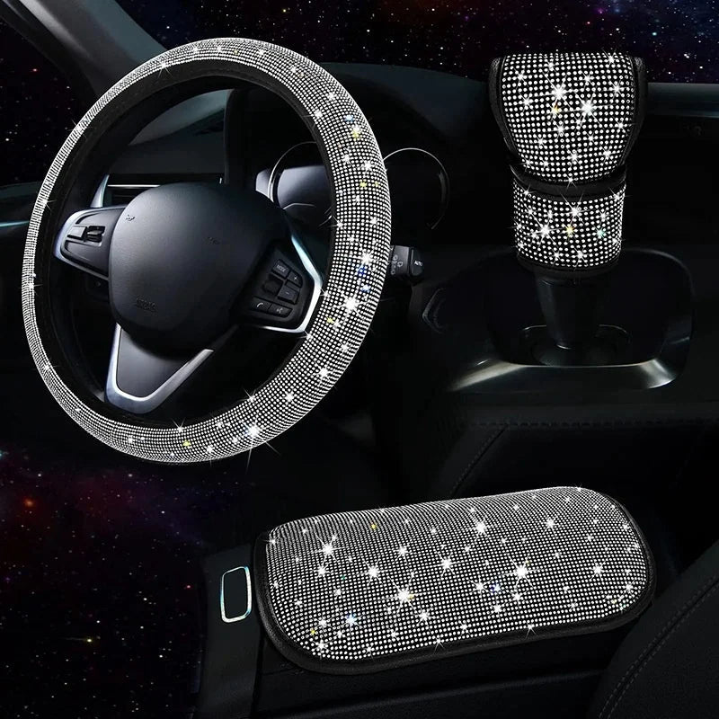 3Pcs Car Accessories Set for Women Steering Wheel Cover Gear Shift Cover Armrest Pad Mat Bling Auto Diamond Decortion Styling CM World
