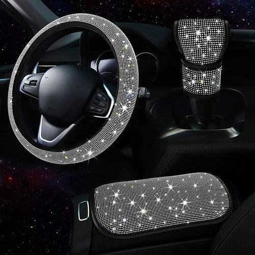 3Pcs Car Accessories Set for Women Steering Wheel Cover Gear Shift Cover Armrest Pad Mat Bling Auto Diamond Decortion Styling CM World