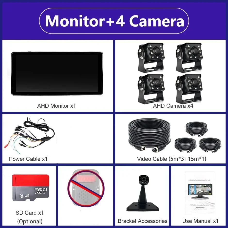10.36 inch 4 Channel Car DVR Recorder Smart Blind Spot Radar BSD Alarm Monitor With 1080P AHD 4 Backup Cameras For Truck Bus