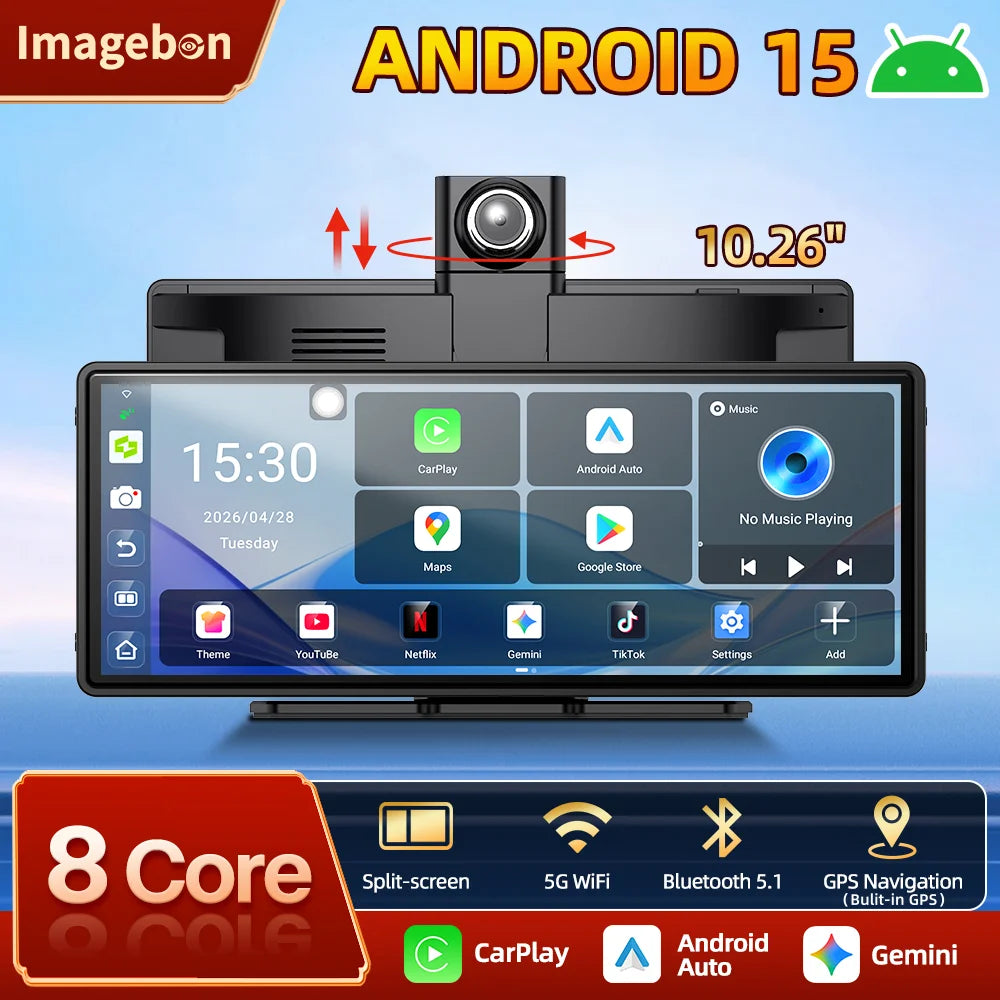 Imagebon P60 10.26" Android 15 Bulit-in GPS Wireless Carplay Android Auto Dual Camera WIFI Dashcam GPS Navigation Video Recorder Car Mobile World