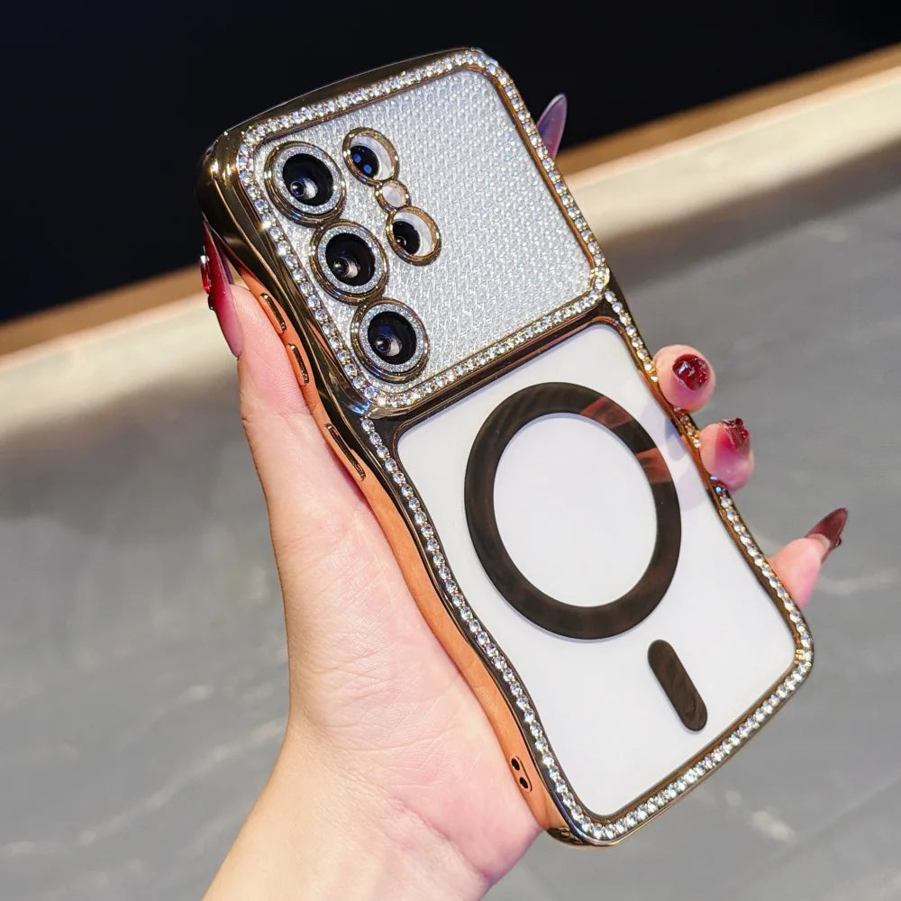 Luxury Glitter Diamond for Magsafe Plating Case for Samsung Galaxy S26 Ultra Plus Bling Camera Protector Transparent Wave Cover