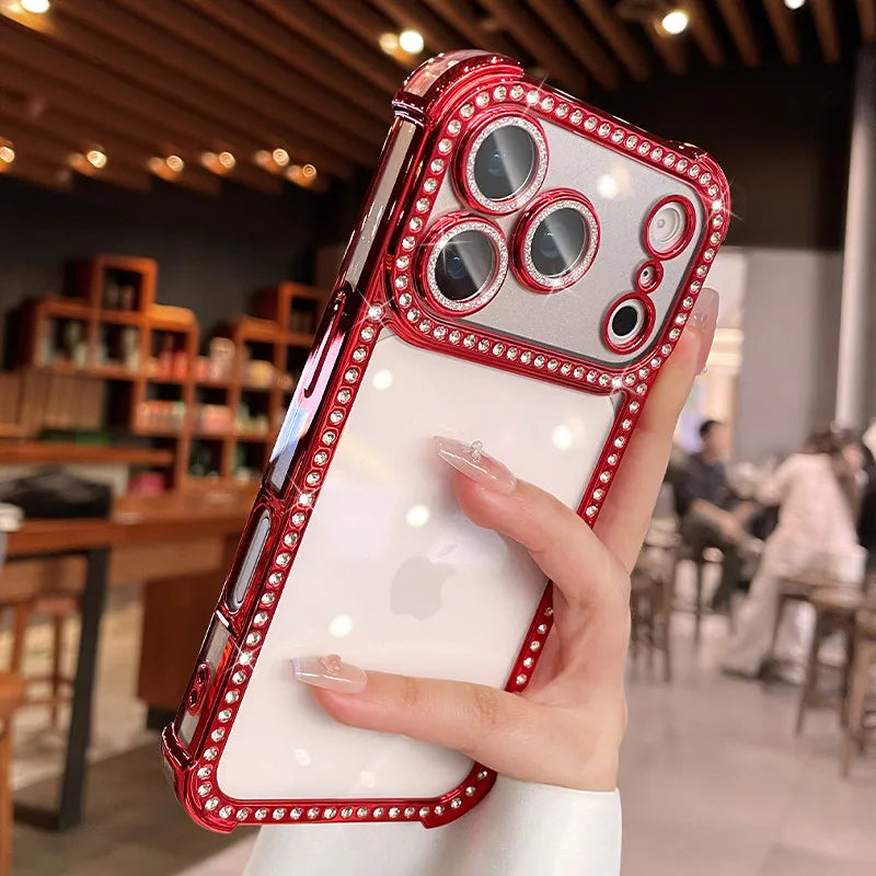 Luxury Bling Diamond Bumper Camera Protection Case For iPhone 17 16 15 14 13 Pro Max Airbag Anti-knock Transparent Soft Cover