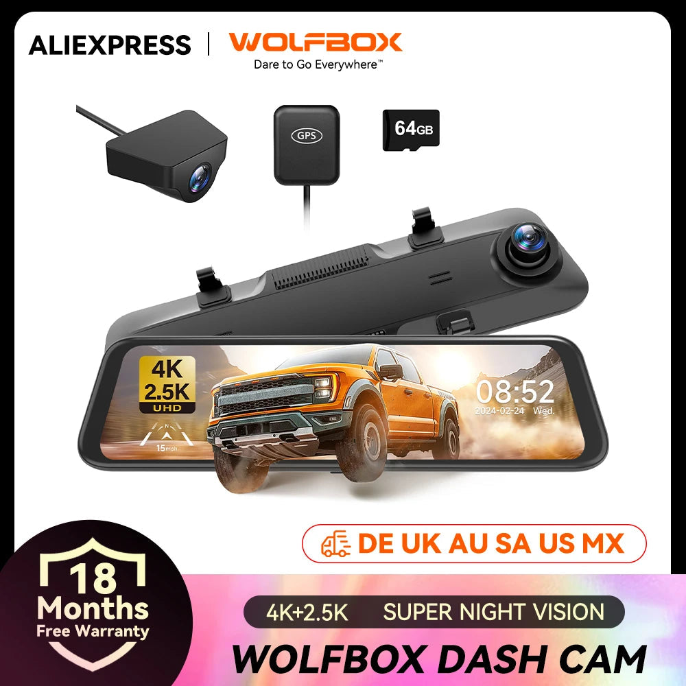 WOLFBOX G900 4K+2.5K Rearview Dash Cam 12" IPS Screen WDR 170 FOV Rear Cam Gps Mirror Car Recorder Stream Media Car DVR Car Mobile World